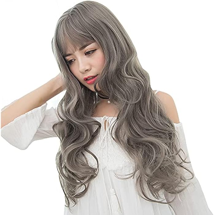 Padom wigs with bangs big wave and curly fluffy wig, and built-in breathable adjustable hair cover (GRAY) - Image 1